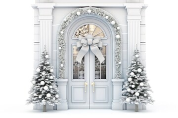 Elegant and luxurious Christmas door decoration isolated on white background with copy space. Christmas tree and decoration