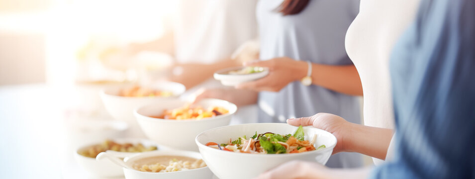 Cuisine Culinary Buffet Dinner Catering Dining Food Celebration Party Concept. Group of people in all you can eat catering buffet food indoor in  restaurant with meat and vegetables.