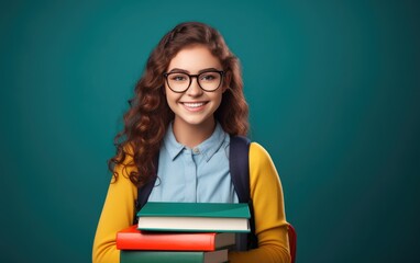 Portrait of a smiling cheery girl student with backpack holding books and looking at camera