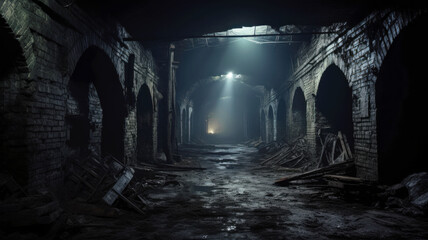Dark spooky underground tunnel, old abandoned industrial dungeon with low lights. Perspective view...