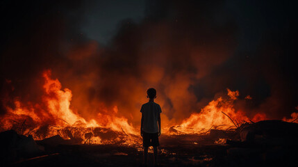 A Boy Staring at the Remains of a Burning Building