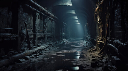 Dark scary underground tunnel, old abandoned industrial corridor or sewer. Perspective view of spooky dirty passage, vintage cellar with water. Concept of grunge, horror, vault, dig - obrazy, fototapety, plakaty