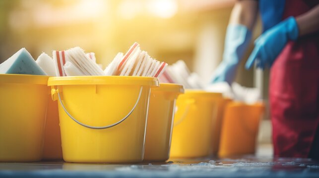 Yellow Plastic Buckets Full Of Chemicals For Cleaning The House, Standing On A Wet Floor Prepared For Moping. Cleaning Lady Wearing Red Apron And Blue Gloves Blurred In The Background