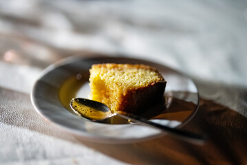 Honey cake in a restaurant in the evening.