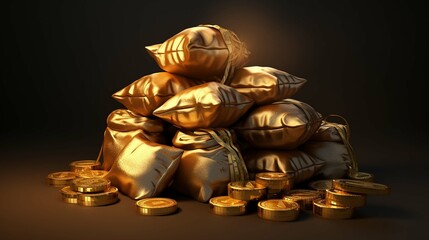 Finance gold cash coin business currency rich money bag isometric concept 3d background of wealth financial treasure economy profit or growth investment banking success earning banknote bonus stack. p - obrazy, fototapety, plakaty