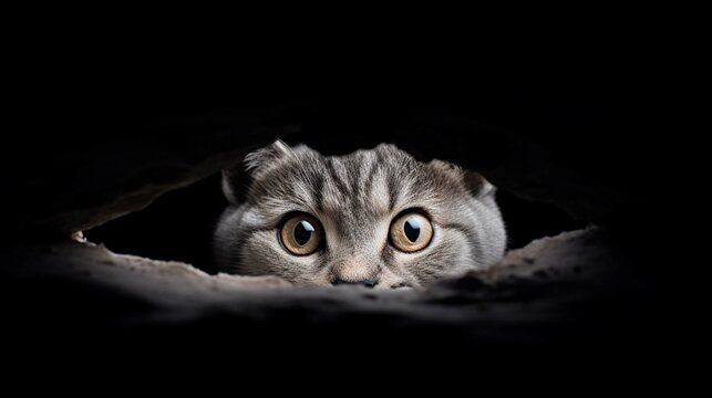 gray cat peeking in hole white background photography