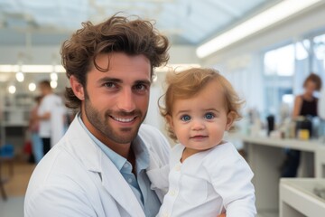 doctor, a professional therapist, conducts an examination of a little boy, conducts an examination cheerfully and with a smile, a little boy in a doctor uniform