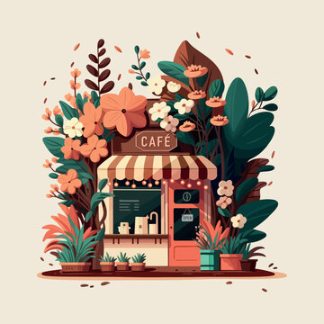 vector illustration of a cafe, flat design, flat illustration, night cafe, light in the window, cozy cafe, house in flowers, shop window, street flowers, city, building, lantern light, night city