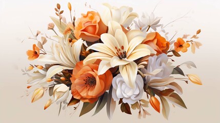 Obraz na płótnie Canvas watercolor 3d bouquet of flowers background. bouquet has an orange and white flower background. Illustration. photography ::10 , 8k, 8k render 