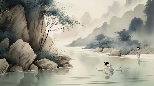 Chinese depicting ancient landscape paintings wallpaper image AI generated art
