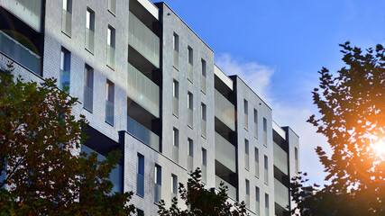 Modern residential area. Trees near the new apartment building. Nature friendly luxury real estate.