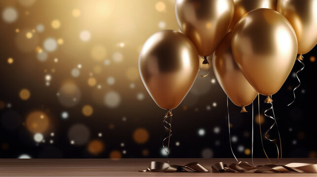Celebration, birthday, christmas, wedding golden balloons, goldeen ribbons on table, black background with golden silver bokeh