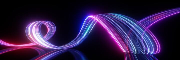 3d render. Abstract neon background. Fluorescent ines glowing in the dark room with floor reflection. Virtual dynamic curvy ribbon. Fantastic panoramic wallpaper. Digital data transfer. Energy concept - obrazy, fototapety, plakaty