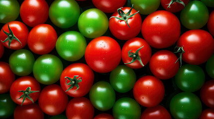 Fresh, red, green textured tomatoes vegetables food macro as background 