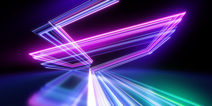 3d render, abstract geometric neon background. Internet technology of future network. Digital data transfer concept. Dynamic lines glowing in the dark. Modern wallpaper