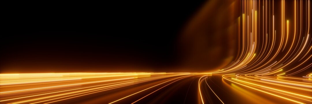 3d render, abstract neon wallpaper. Yellow glowing lines over black background. Streaming energy