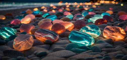 Fototapeta na wymiar Bright pebbles beach background, colorful gravel, close-up. Ai generated.