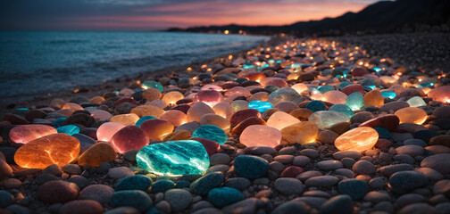 Bright pebbles beach background, colorful gravel, close-up. Ai generated. - obrazy, fototapety, plakaty