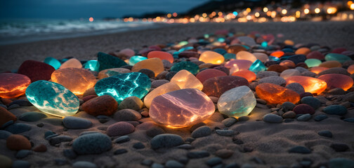 Bright pebbles beach background, colorful gravel, close-up. Ai generated.