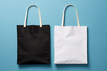 Two tote bags mockup on a blue background