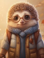 Illustration of a cute dwarf hedgehog dressed in a warm coat and scarf for the winter.