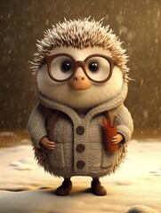 Illustration of a cute dwarf hedgehog dressed in a warm coat and scarf for the winter.