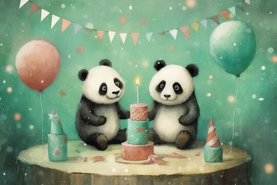 Drawing of two little pandas celebrating a birthday with balloons and cake.