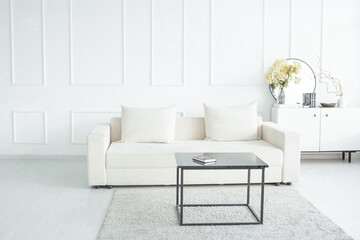 Fototapeta na wymiar a bright, beautiful living room with a white sofa, a table and a light chest of drawers. on the chest of drawers there is a round mirror and a vase of flowers. White background. cozy interior