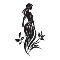 Silhouette of a beautiful girl with flowers in a long skirt. Vector illustration