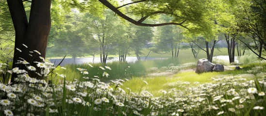Rolgordijnen In the serene summer landscape a vibrant garden filled with green grass blooming flowers and luscious trees becomes the picturesque background adorned with white floral beauty showcasing th © TheWaterMeloonProjec