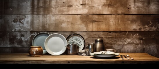 In the vintage kitchen a white circle design on an old wooden table served as the isolated backdrop where a delicious plate of soup was displayed emphasizing the natural and rustic feel of t