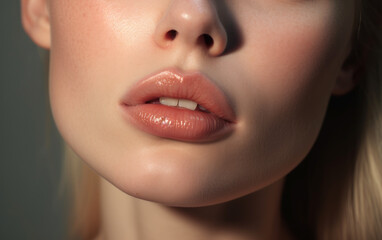 Obraz premium Close up lips photography. Beautiful young woman with blonde hair