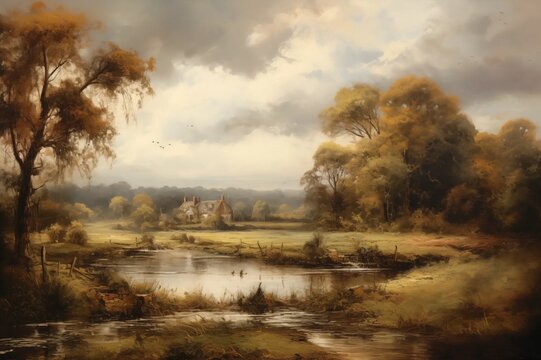 Naklejki Oil Painting Landscape River Countryside Trees Mountains Fields Hills Clouds Artwork That Would Hang in Stately Home Post Impressionist Soft Brushstrokes Stunning Vista Style Illustration Classic