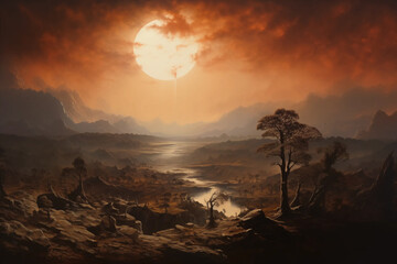 Oil Painting Landscape River Countryside Trees Fields Hills Clouds Artwork That Would Hang in Stately Home Post Impressionist Brushstrokes Stunning Vista Style Illustration Futuristic Film Project