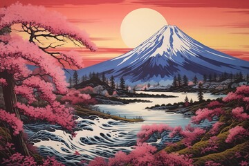 Japanese Landscape Painting Pink Trees or Sky Sunset Sunrise With Mountain, Rocks, water From 15th, 16th, 17th, 18th Century Style Illustration Classic Artwork