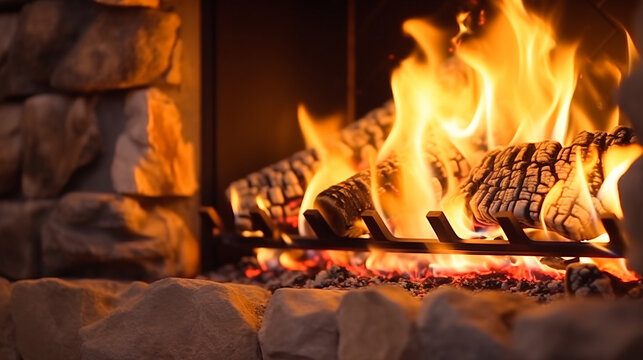 Close fire fireplace centered shot warm stock illustration image AI generated art