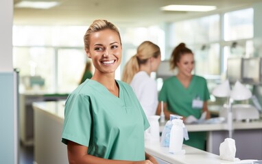 Obraz premium A female nurse wearing green scrubs smiling at a patient behind a counter in a bright medical laboratory