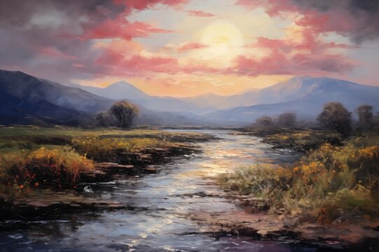An Oil Painting Style Illustration of a Classic Landscape Artwork That Would Hang in a Stately Home in a Post Impressionist Style With Soft Brushstrokes Featuring a Stunning Vista