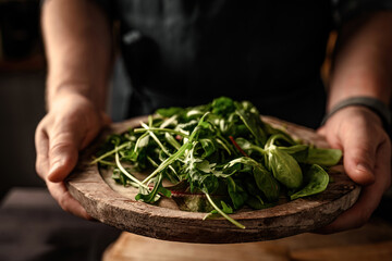 Chief hands serve fresh green salad leaves with arugula, lettuce, spinach and beets mix on wooden rustic plate. Vegetarian organic plant food - obrazy, fototapety, plakaty