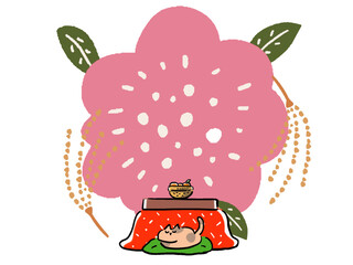大きな椿の花背景とこたつのイラスト	　フレーム