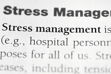 stress management, psychological therapy terminology printed in black on white paper close-up. medical treatment and therapy