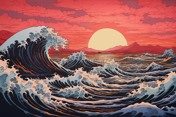 Japanese Painting Sea Scape Artwork From 15th, 16th, 17th, 18th Century Featuring Waves Sky Sunset Sunrise With Stormy Seas Style Illustration Classic 