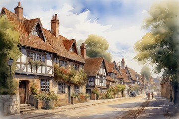 Oil Painting Landscape Town Village in England Britain UK Europe Artwork That Would Hang in a Stately Home in a Post Impressionist Style With Soft Brushstrokes Style Illustration Classic