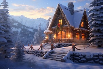 Obraz premium Snow-covered lodge nestled among frosty trees with warm glowing windows in serene mountain landscape. Winter retreat and coziness.