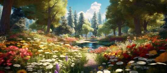 In the vibrant summer the beauty of nature shines through colorful flowers towering trees and lush green grass in a floral filled garden surrounded by the tranquility of a wood where even t