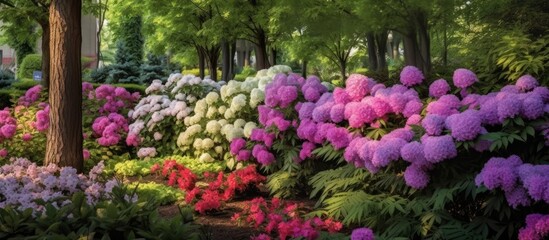 In the beautiful summer of nature the vibrant floral garden showcases an array of colors with blooming pink flowers and striking purple blooms creating a stunning scenery that captivates all