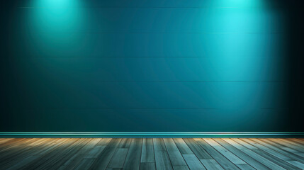Room with smooth concrete turquoise wall and light effect, wooden ground, modern design living