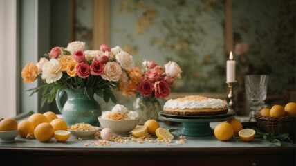 Obraz na płótnie Canvas table with flowers, cake and fruits