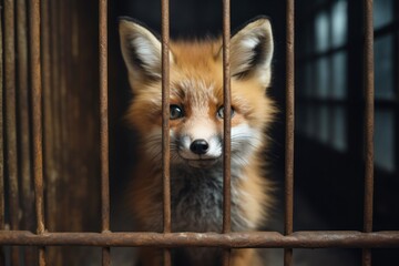 Fox locked in cage. Emaciated, skinny lonely fox in cramped jail behind bars with sad look. Keeping animals in captivity where they suffer. Prisoner. Waiting for liberation. Animal protection concept. - obrazy, fototapety, plakaty