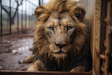 Lion locked in cage. Skinny Sick dirty lonely lion in cramped jail behind bars with sad look. Concept of keeping animals in captivity where they suffer. Prisoner. Waiting for liberation. Animal abuse.